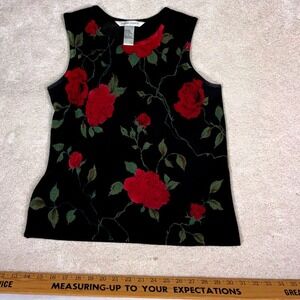 Black Knit Tank Top Red Rose Graphic Size M | Goth Grunge Moody Floral Y2K
